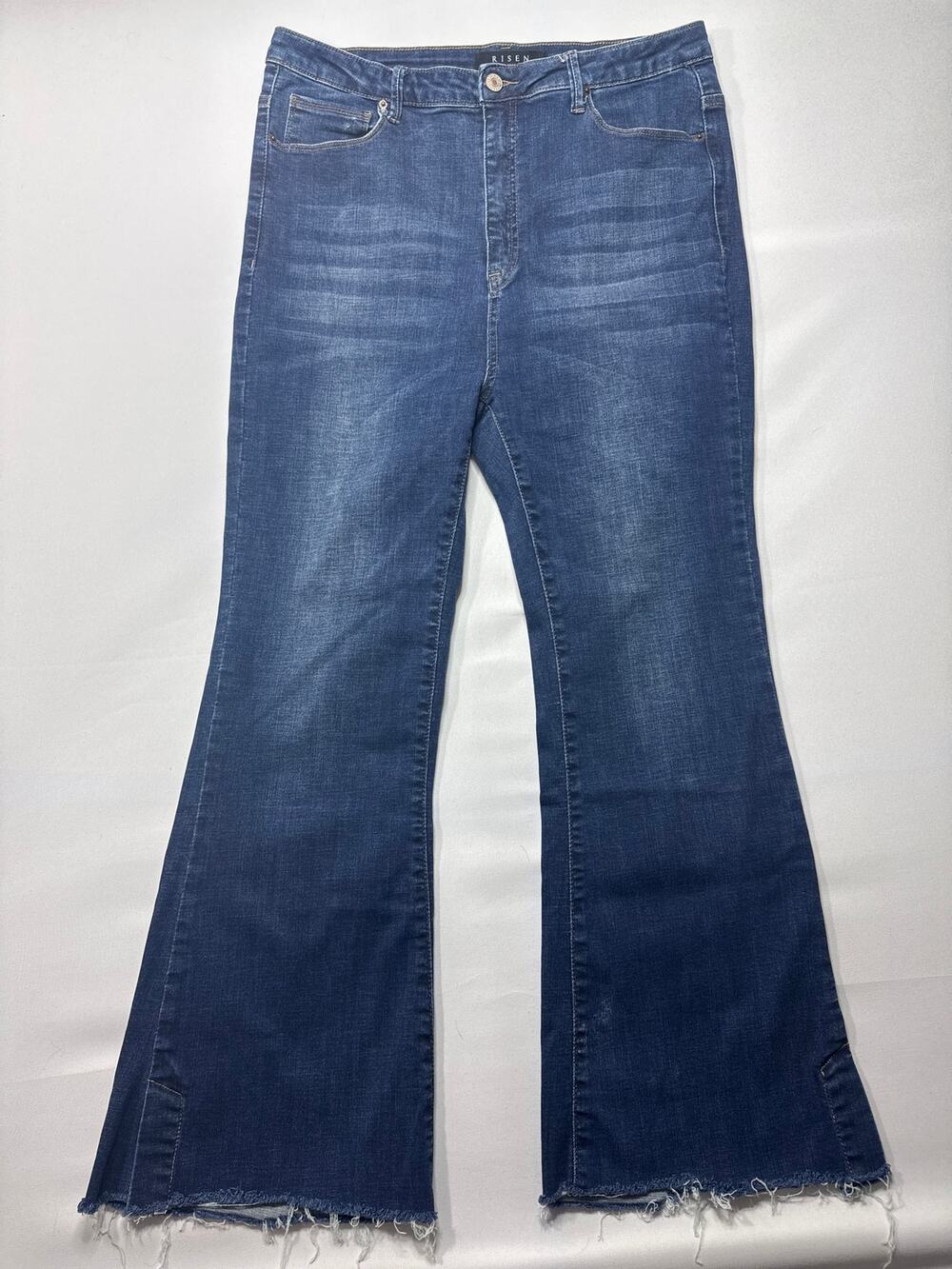 Risen Jeans Women's Split Hem Flare Stretch Blue Jeans - Size 1XL (34x27.5)